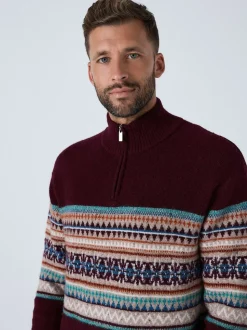 Bordeauxrood - Regular Fit Fairisle Pattern Chest Block Zip Neck Jumper