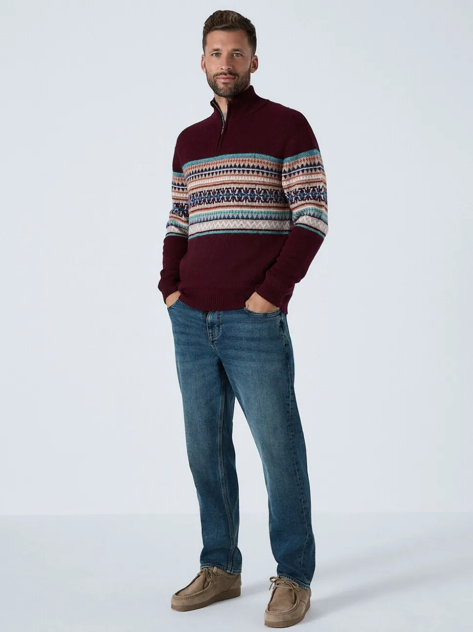 Bordeauxrood - Regular Fit Fairisle Pattern Chest Block Zip Neck Jumper