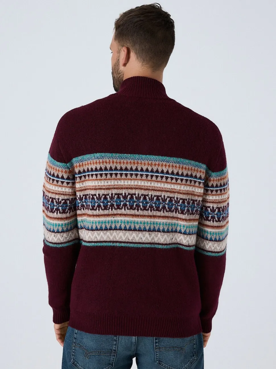 Bordeauxrood - Regular Fit Fairisle Pattern Chest Block Zip Neck Jumper