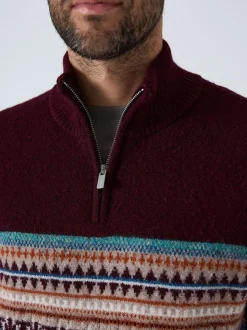 Bordeauxrood - Regular Fit Fairisle Pattern Chest Block Zip Neck Jumper