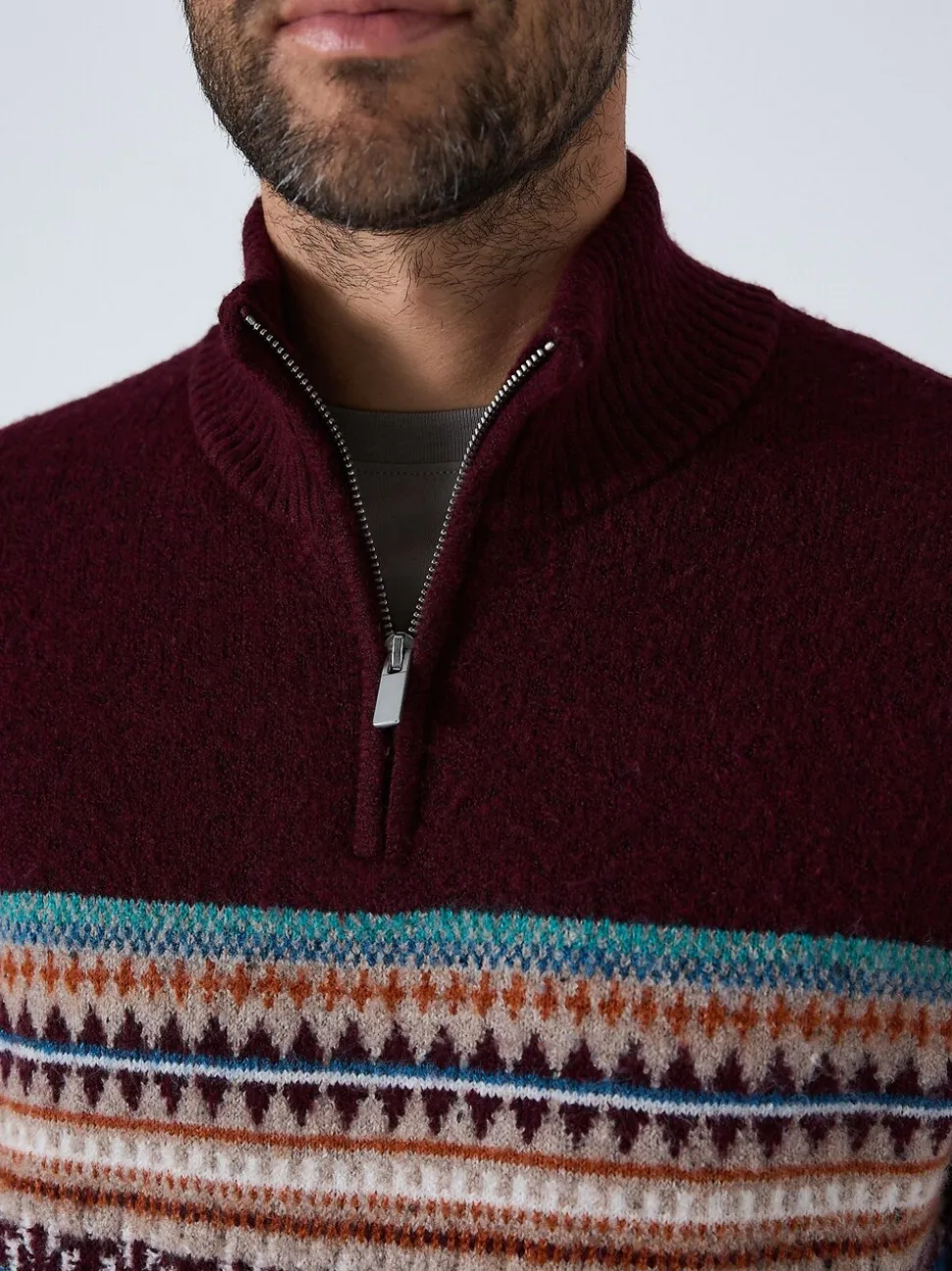 Bordeauxrood - Regular Fit Fairisle Pattern Chest Block Zip Neck Jumper
