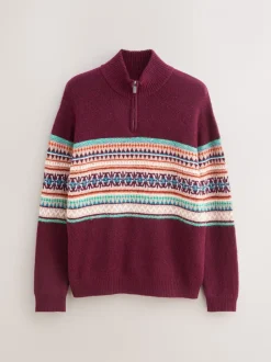 Bordeauxrood - Regular Fit Fairisle Pattern Chest Block Zip Neck Jumper
