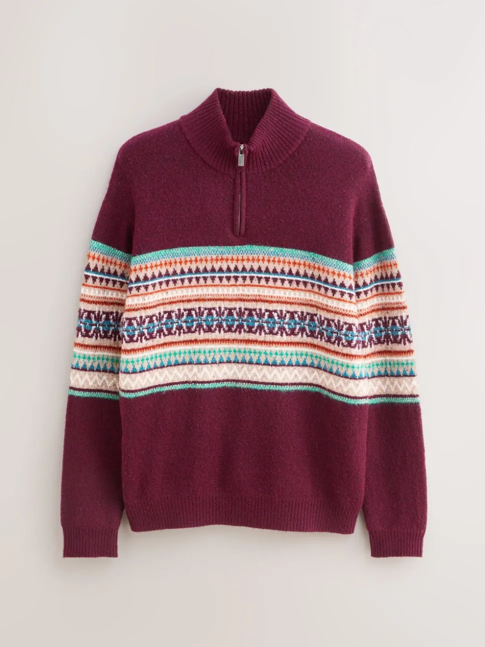 Bordeauxrood - Regular Fit Fairisle Pattern Chest Block Zip Neck Jumper