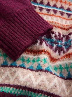 Bordeauxrood - Regular Fit Fairisle Pattern Chest Block Zip Neck Jumper
