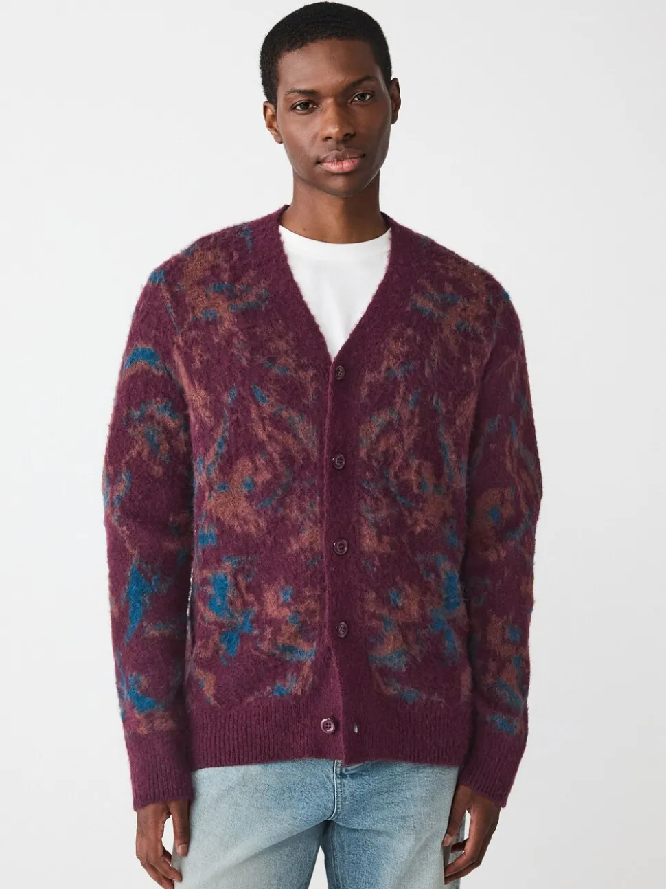 Bordeauxrood - Relaxed Fit Floral Pattern Cardigan