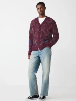 Bordeauxrood - Relaxed Fit Floral Pattern Cardigan
