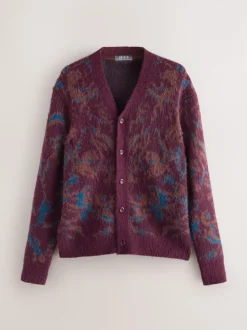 Bordeauxrood - Relaxed Fit Floral Pattern Cardigan
