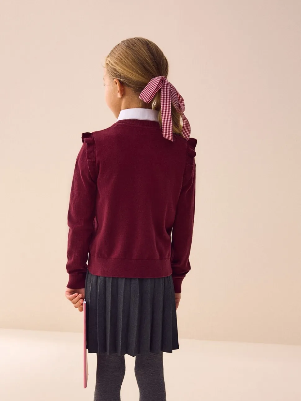Bordeauxrood - Schoolvest met hoog katoengehalte en ruches op de schouders (3-16 jr)