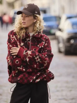 Bordeauxrood gebloemd - Jacquard Teddy Borg Quarter Zip Fleece Sweatshirt