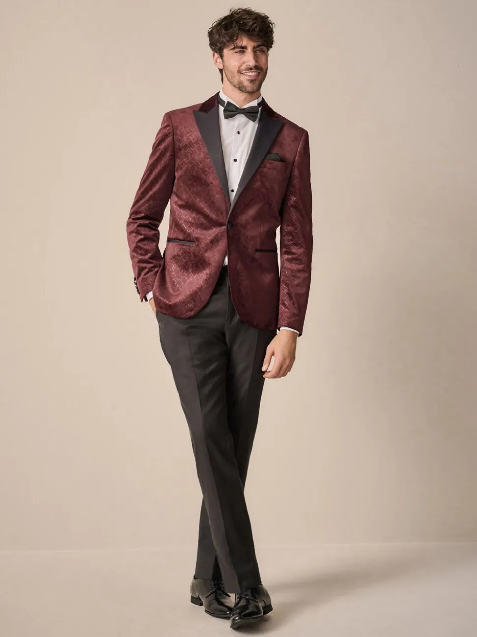 Bordeauxrood geometrisch - Slim Fit - Fluwelen blazer met patroon