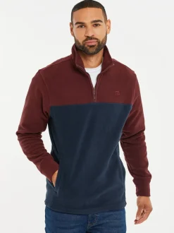 Bordeauxrood/marineblauw - Threadbare tweekleurige fleece sweatshirt met kwartrits