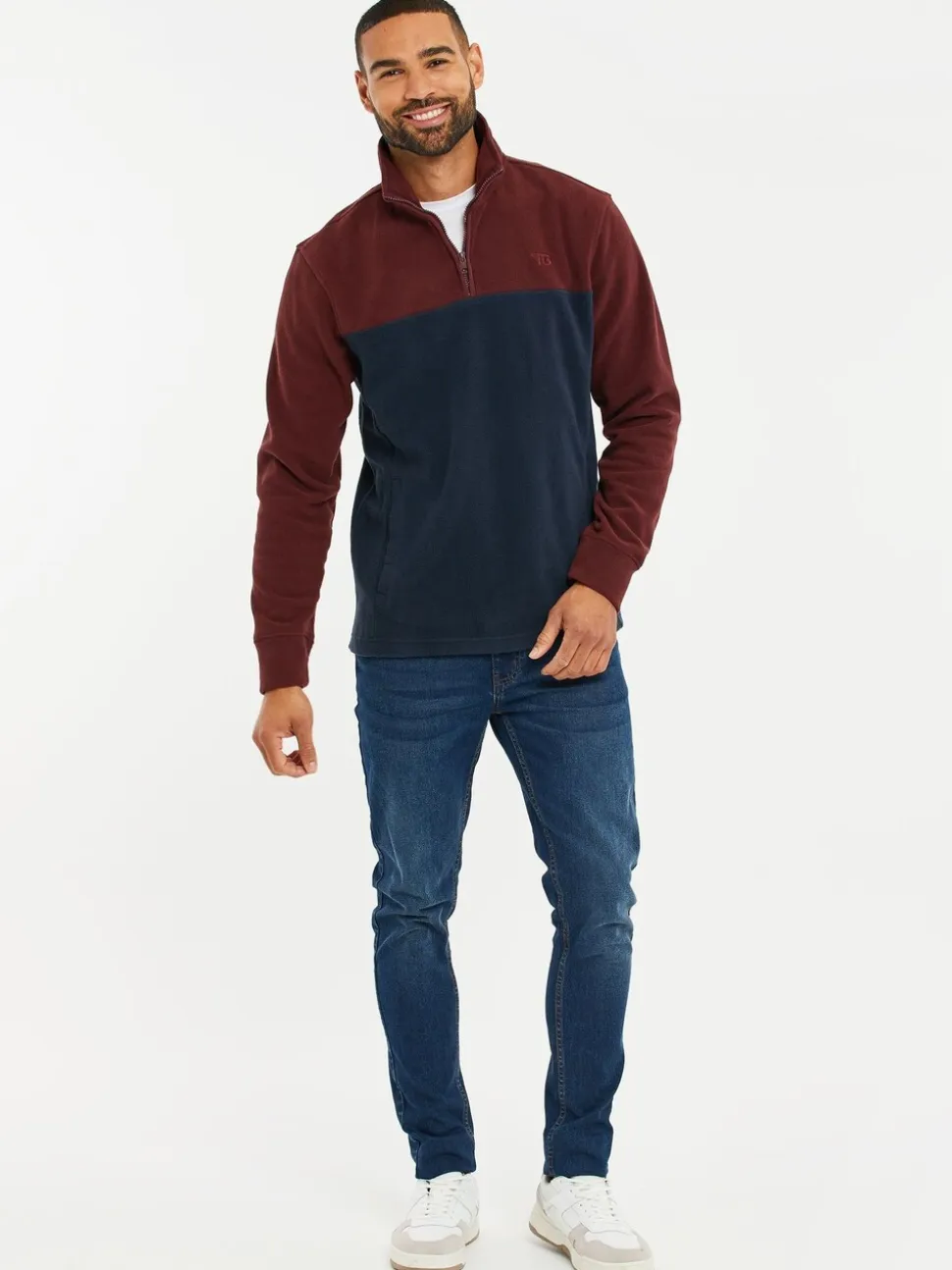 Bordeauxrood/marineblauw - Threadbare tweekleurige fleece sweatshirt met kwartrits