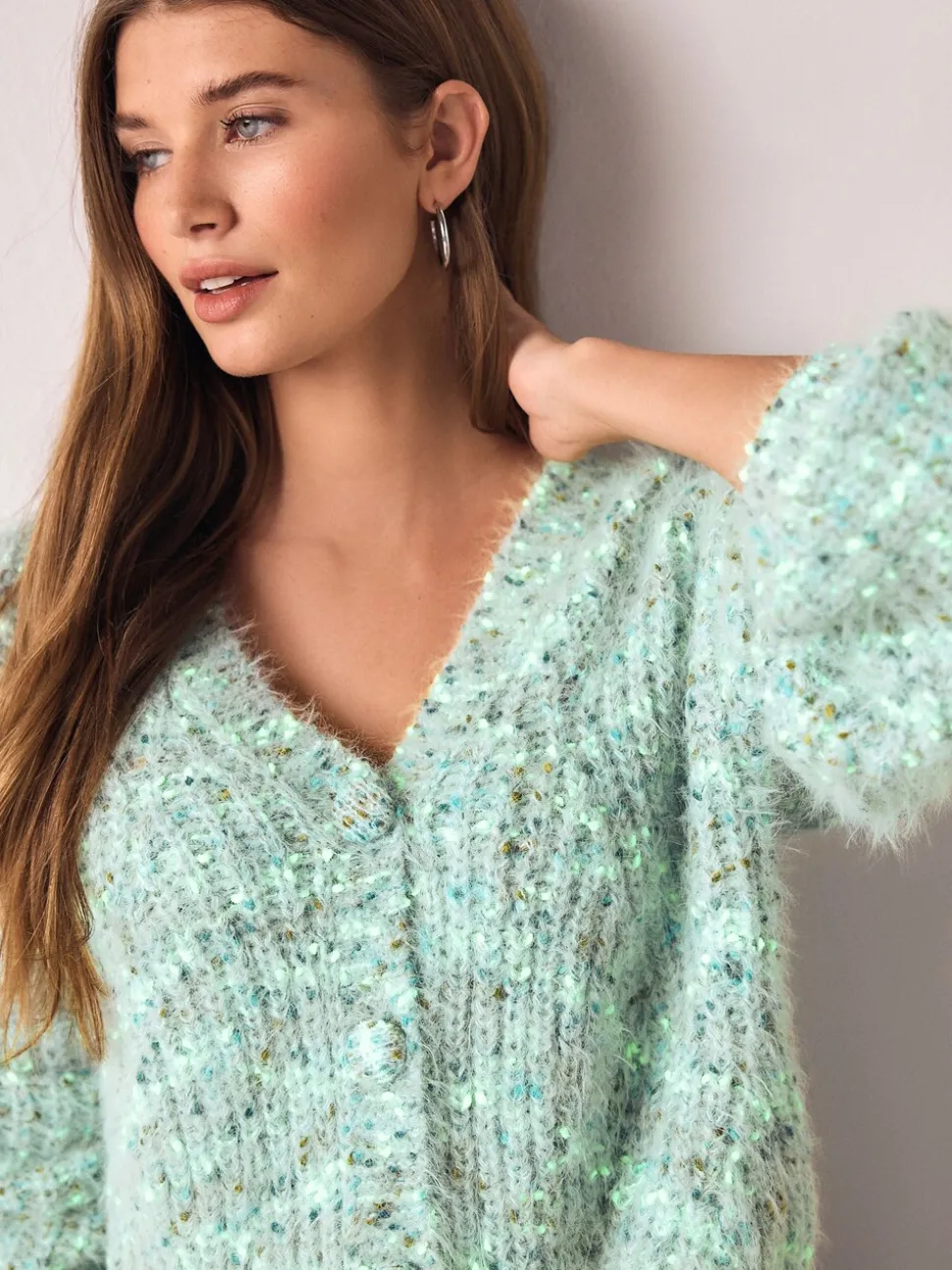 Bright Green Neppy - Fuzzy Texture V-Neck Cardigan