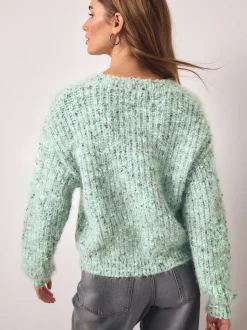 Bright Green Neppy - Fuzzy Texture V-Neck Cardigan