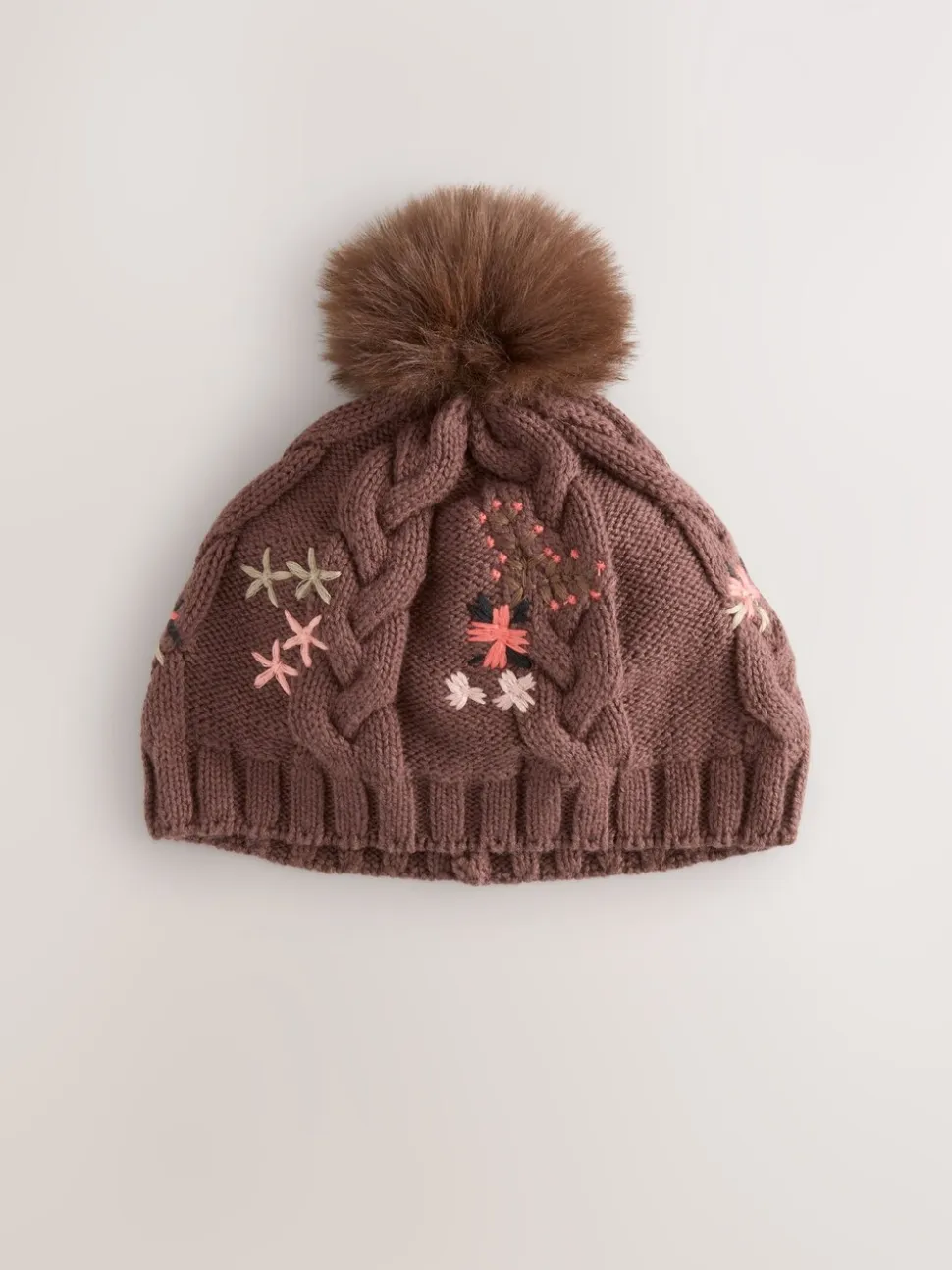 Bruin - Baby muts met geborduurde bloemen en pompon (0mnd-2jr)