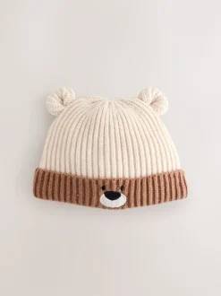Bruin - Bear Face geribbelde Baby Muts (0mnd -2jr)