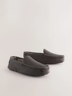 Bruin - Moccasinpantoffels met voering van imitatiebont
