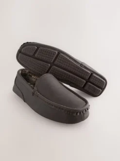Bruin - Moccasinpantoffels met voering van imitatiebont