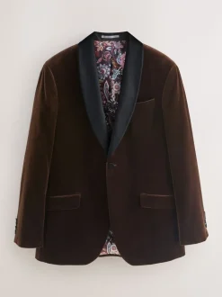 Bruin - Normale Pasvorm - Signature Pontoglio Italiaanse fluwelen blazer met sjaalkraag