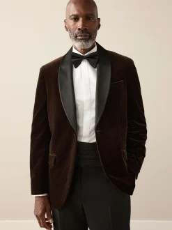 Bruin - Normale Pasvorm - Signature Pontoglio Italiaanse fluwelen blazer met sjaalkraag