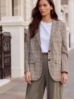 Bruin - N.Premium Check Linen Rich Single Breasted Blazer