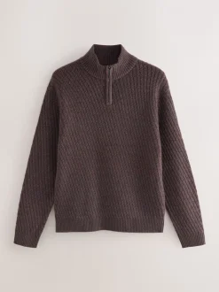 Bruin - Regular Fit getextureerde trui met kwartrits