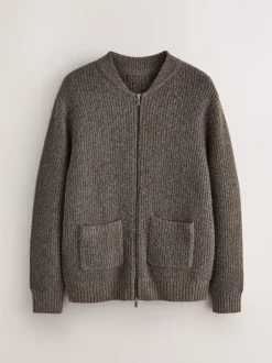 Bruin - Rib Texture Zip Through Cardigan with Wool