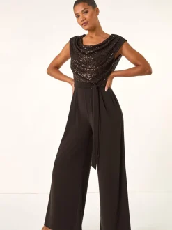Bruin - Roman Paillettenlijfje met Watervalhals Jumpsuit