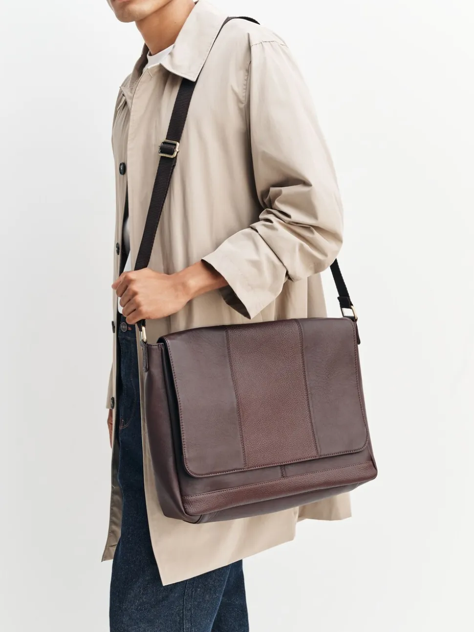 Bruin - Signature leren messenger-tas