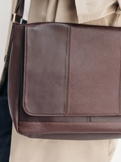 Bruin - Signature leren messenger-tas