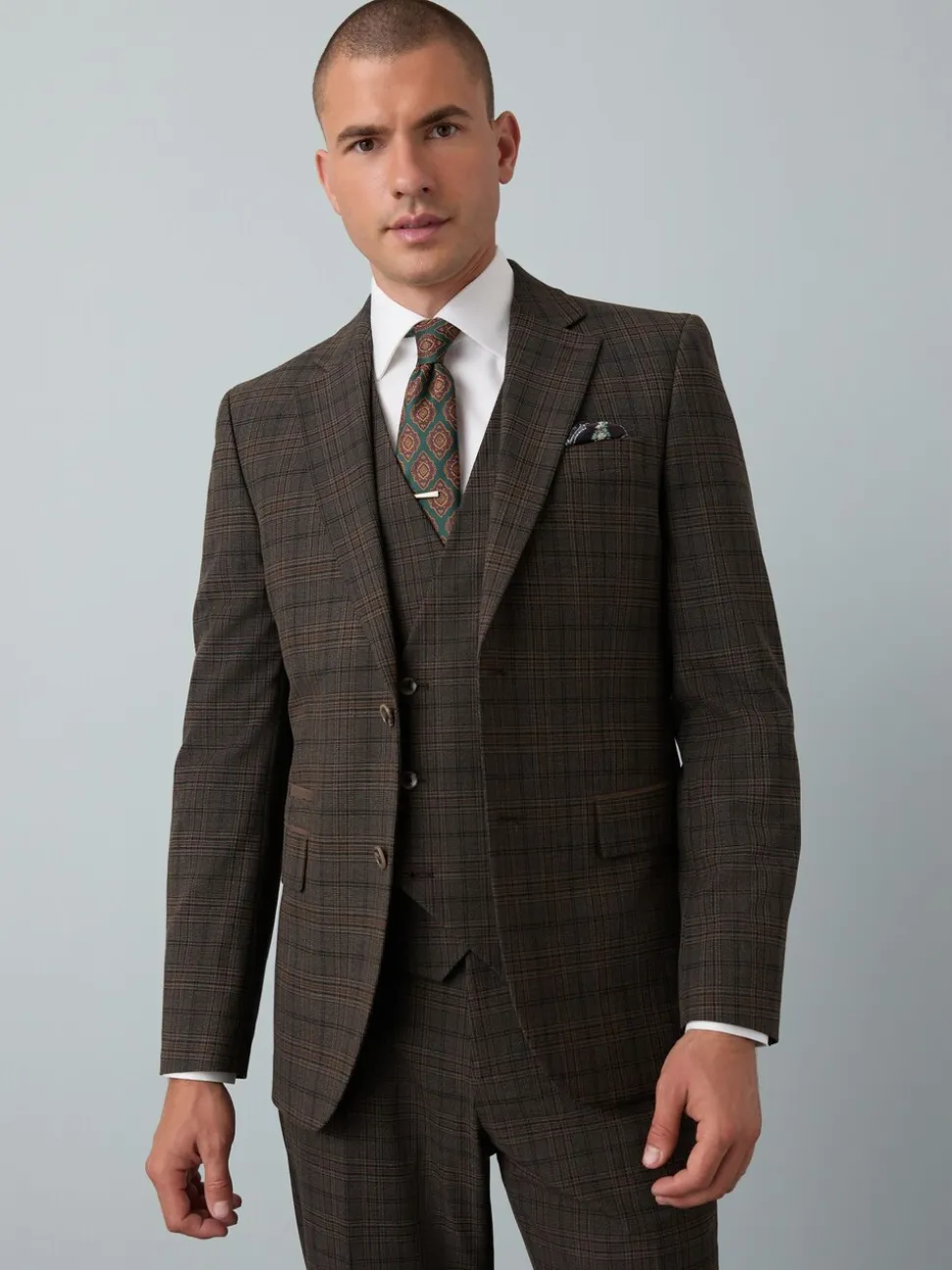 Bruin - Slim-fit maatgesneden pak met ruiten: colbert