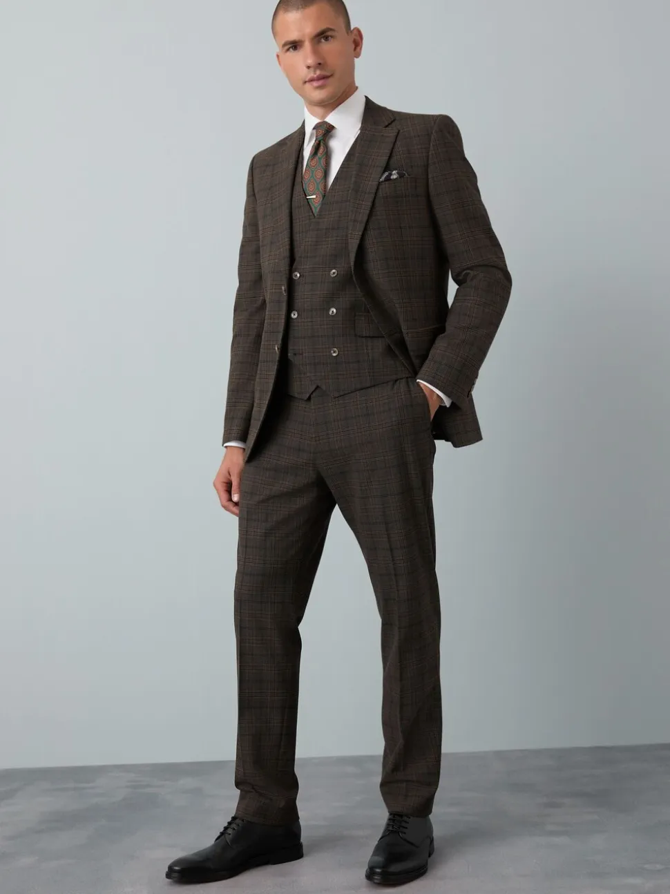 Bruin - Slim-fit maatgesneden pak met ruiten: colbert
