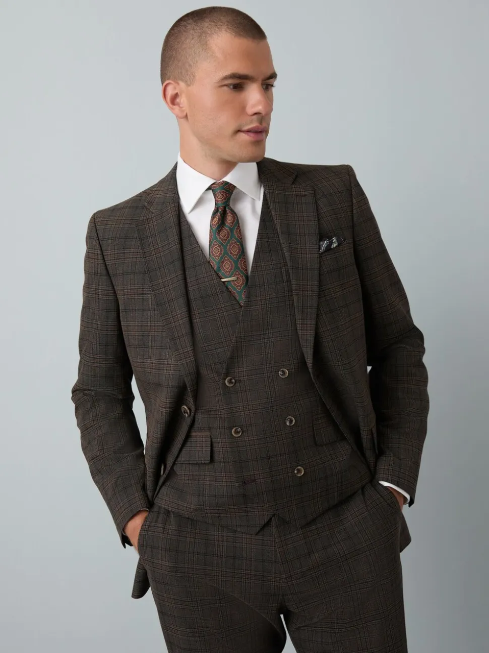 Bruin - Slim-fit maatgesneden pak met ruiten: colbert