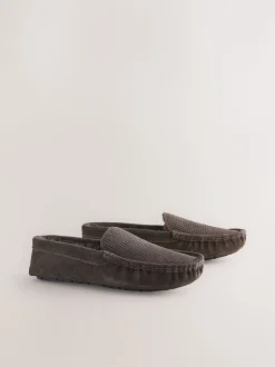 Bruin - Suède mocassinpantoffels met voering van imitatiebont