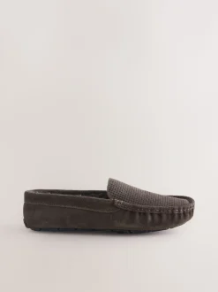 Bruin - Suède mocassinpantoffels met voering van imitatiebont