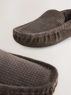 Bruin - Suède mocassinpantoffels met voering van imitatiebont