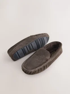 Bruin - Suède mocassinpantoffels met voering van imitatiebont