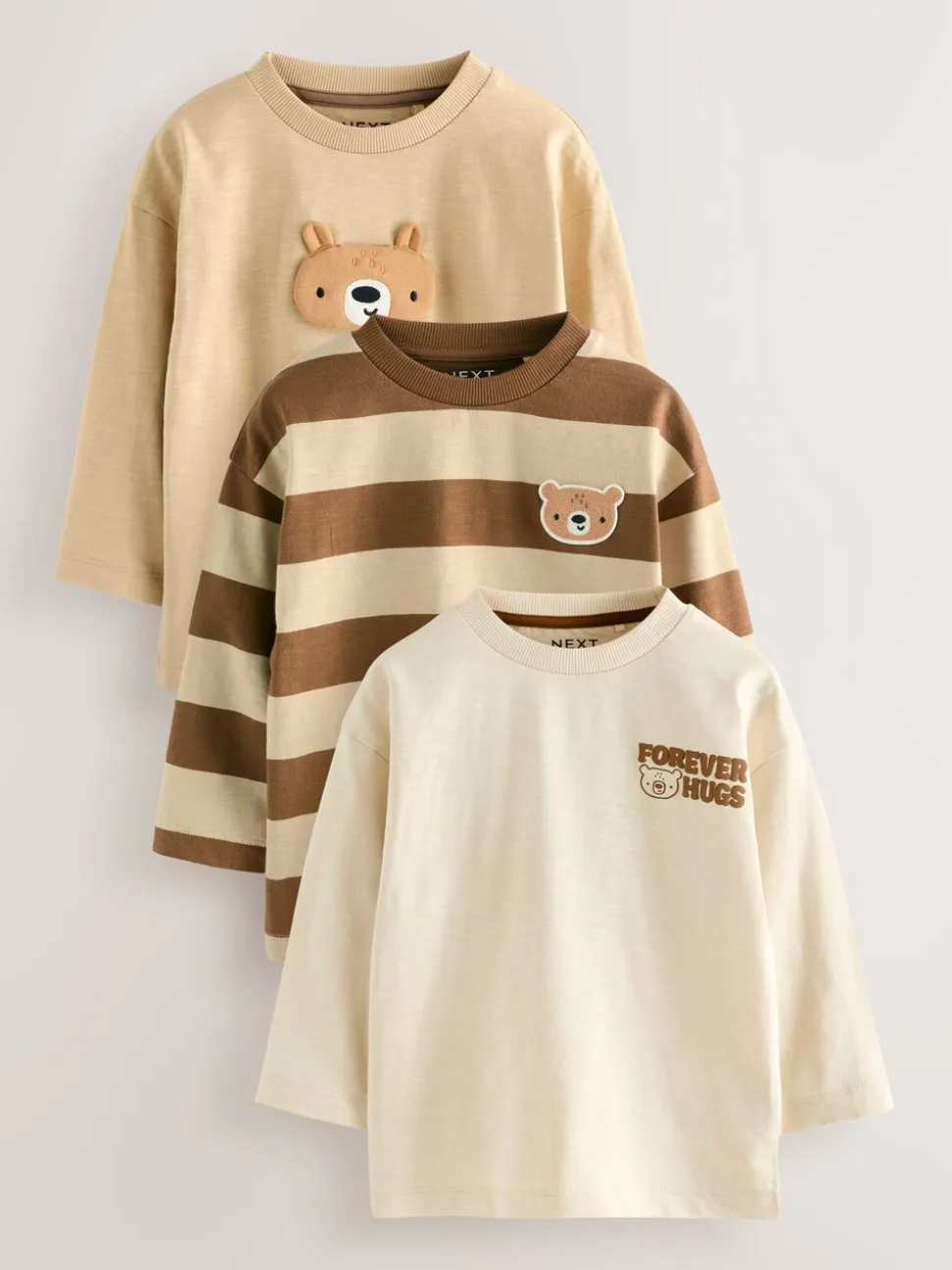 Bruin met beer - Set van 3 T-shirts met lange mouwen en applicatie (3mnd-7jr)