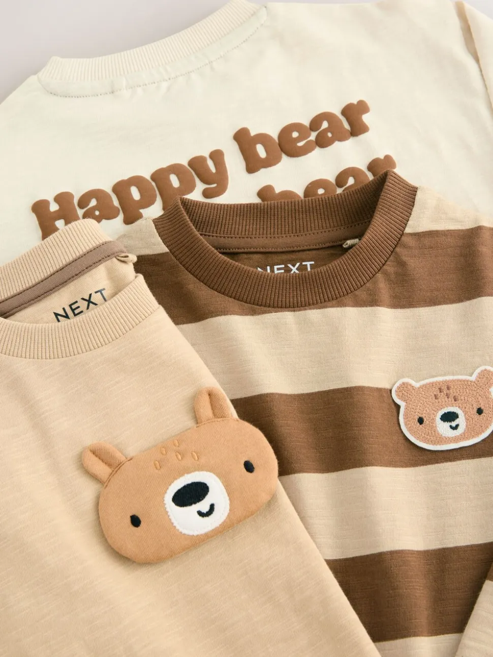 Bruin met beer - Set van 3 T-shirts met lange mouwen en applicatie (3mnd-7jr)