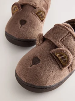 Bruin met beer - Warm gevoerde pantoffels met kuipzool
