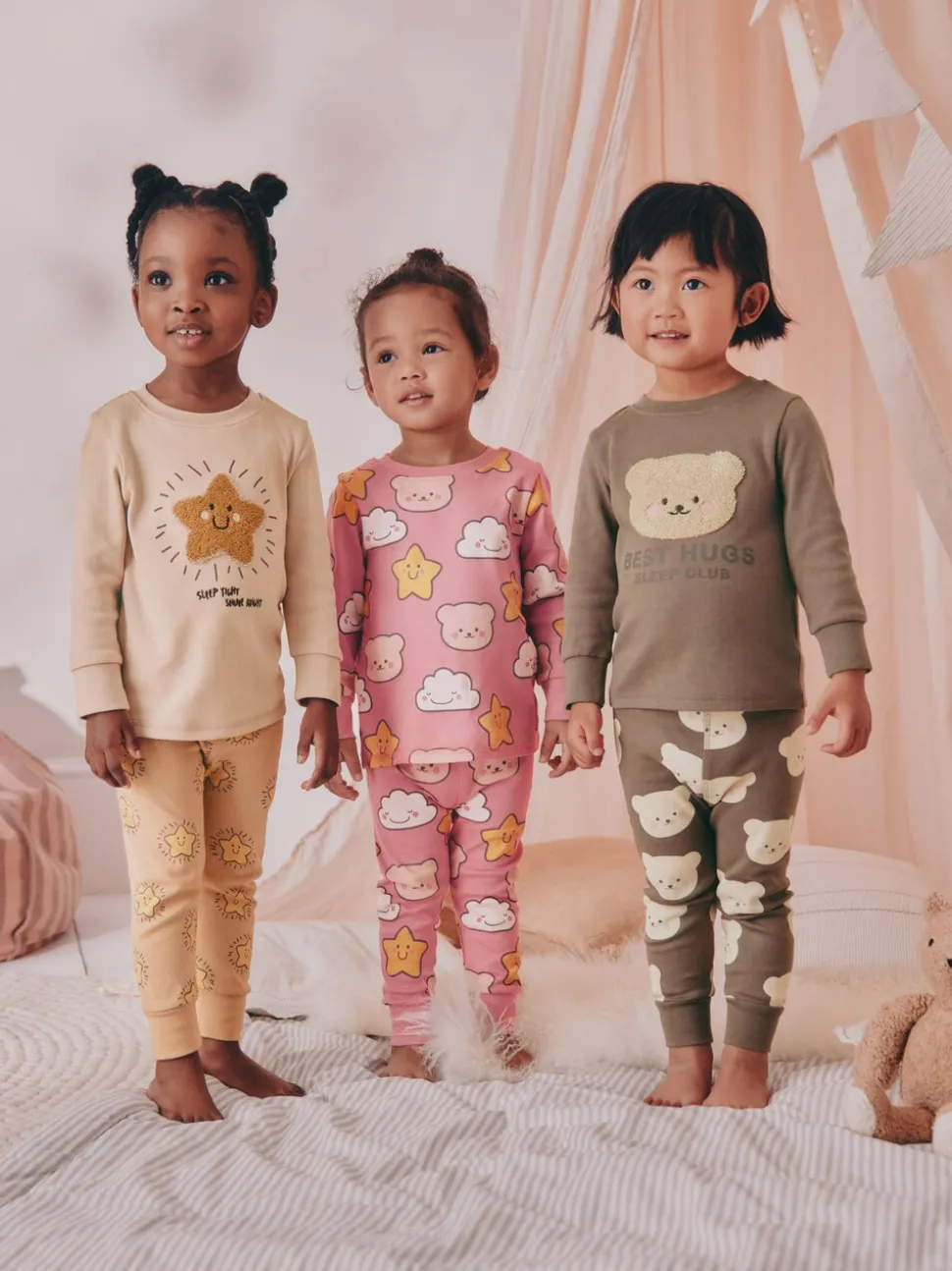 Bruin met beer/Ster - Verpakking van 3 knusse pyjama's (9 mnd-9 jr)