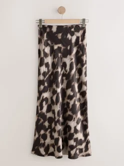 Bruin met dierenprint - Satijnen midirok