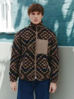 Bruin/bruingeel met geometrische print - Volledig doorlopende rits - Fleece trui met print