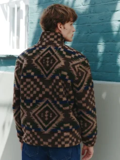 Bruin/bruingeel met geometrische print - Volledig doorlopende rits - Fleece trui met print