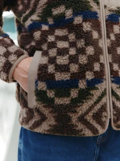 Bruin/bruingeel met geometrische print - Volledig doorlopende rits - Fleece trui met print
