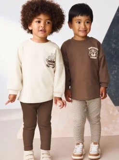 Bruin/Crème Babyccino - Verpakking van 2 tops met lange mouwen en leggings (3mnd-7jr)