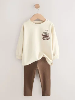 Bruin/Crème Babyccino - Verpakking van 2 tops met lange mouwen en leggings (3mnd-7jr)