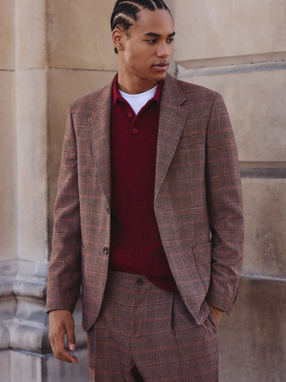 Bruin/rood - Slim fit wolmix geruit pak: jack