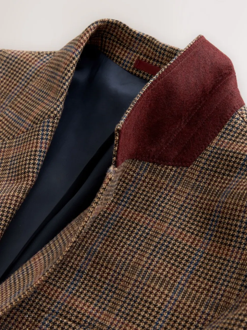 Bruin/rood - Slim fit wolmix geruit pak: jack