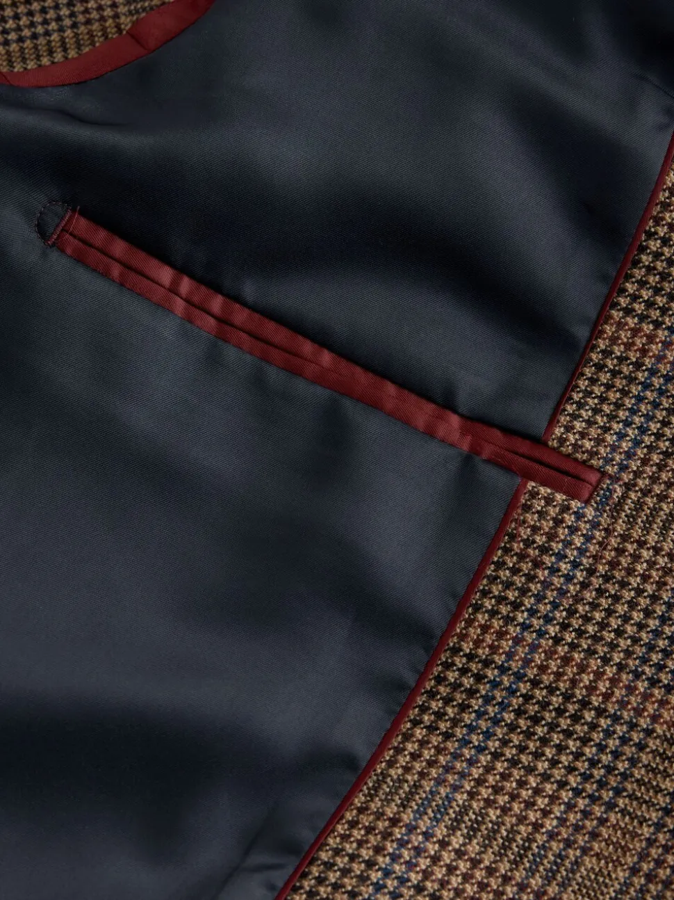 Bruin/rood - Slim fit wolmix geruit pak: jack